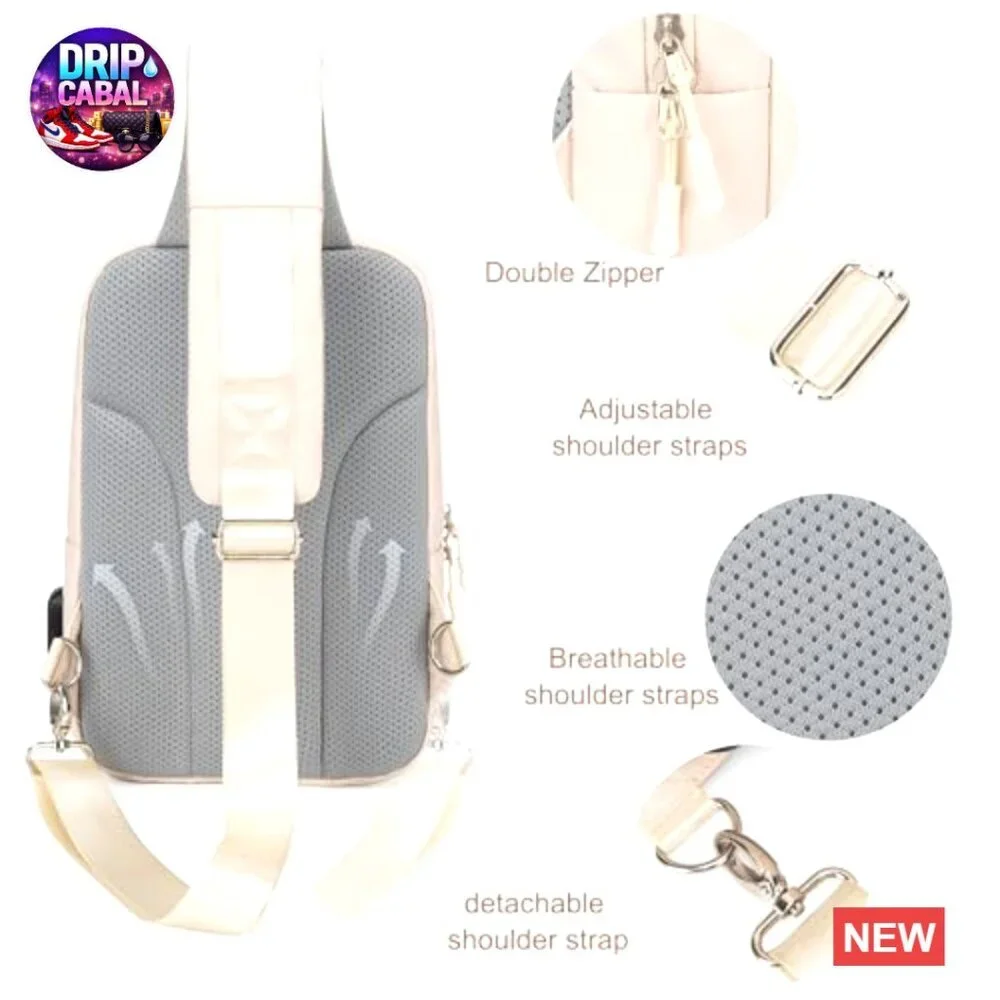 PU Leather Sling Bag with USB Charging Port, Adjustable Strap